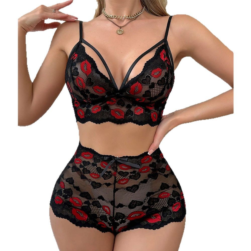 Sheer Mesh Bra - Babydoll Lingerie Set Red Lips Embroidery